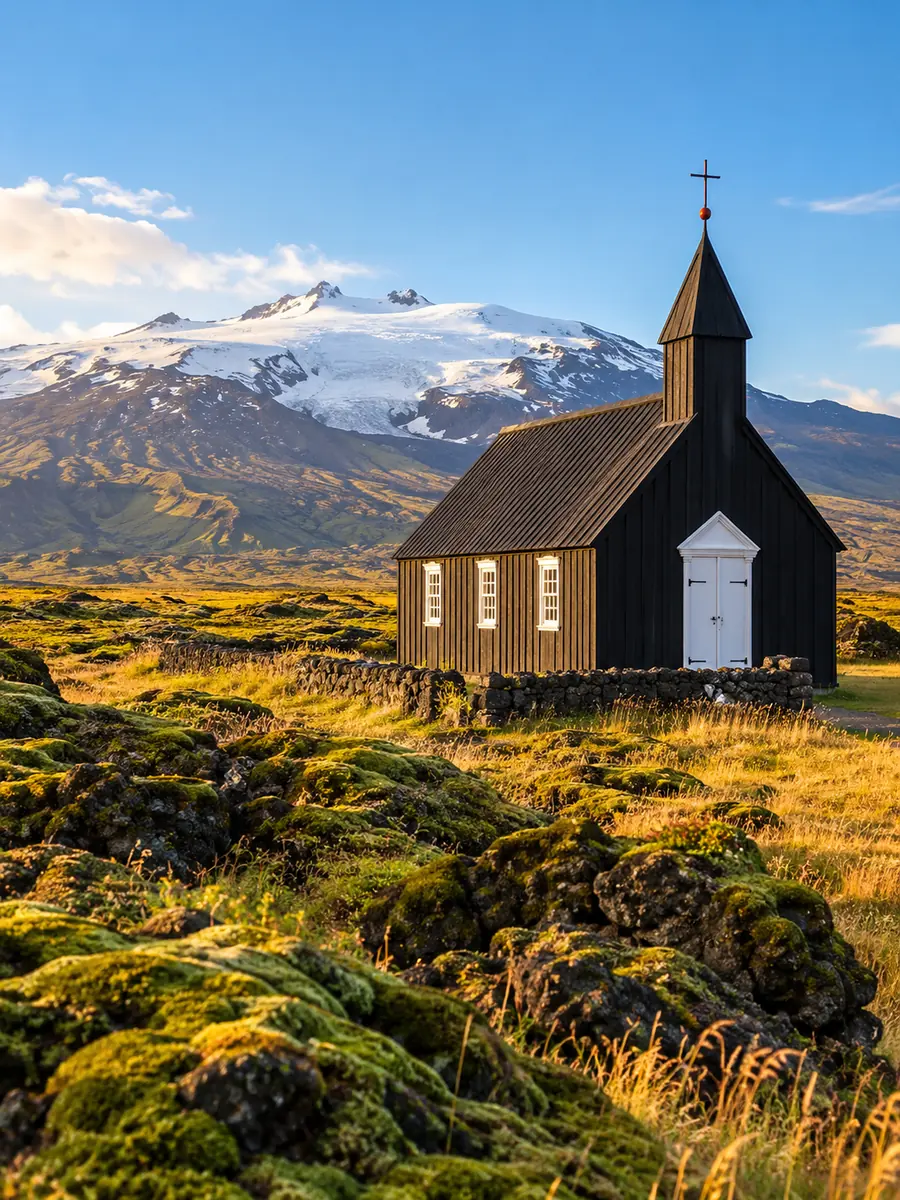 Illustration d'une église noire en bois sur un champ de lave couvert de mousse