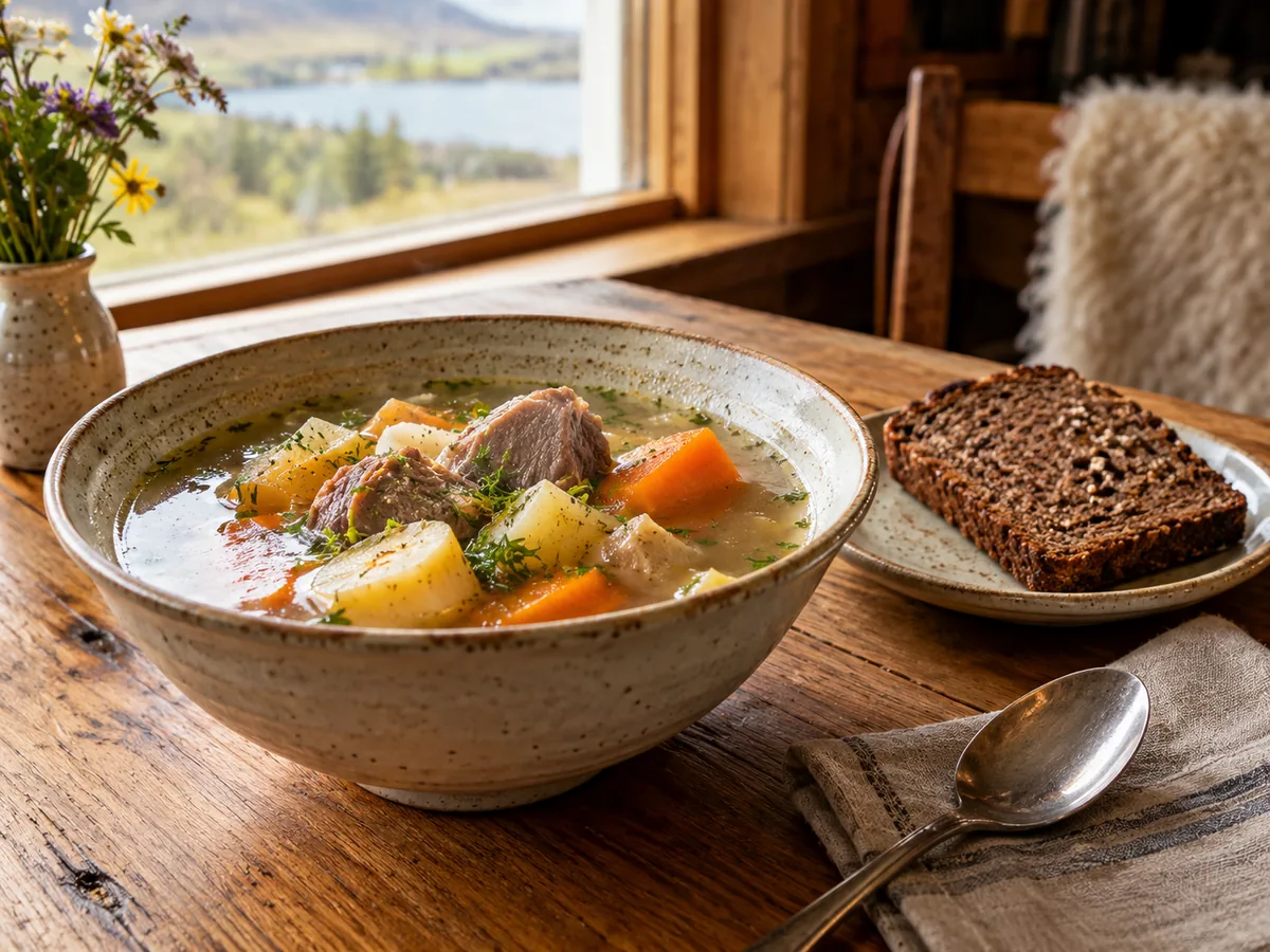 Un bol de soupe d'agneau aux légumes avec du pain de seigle noir